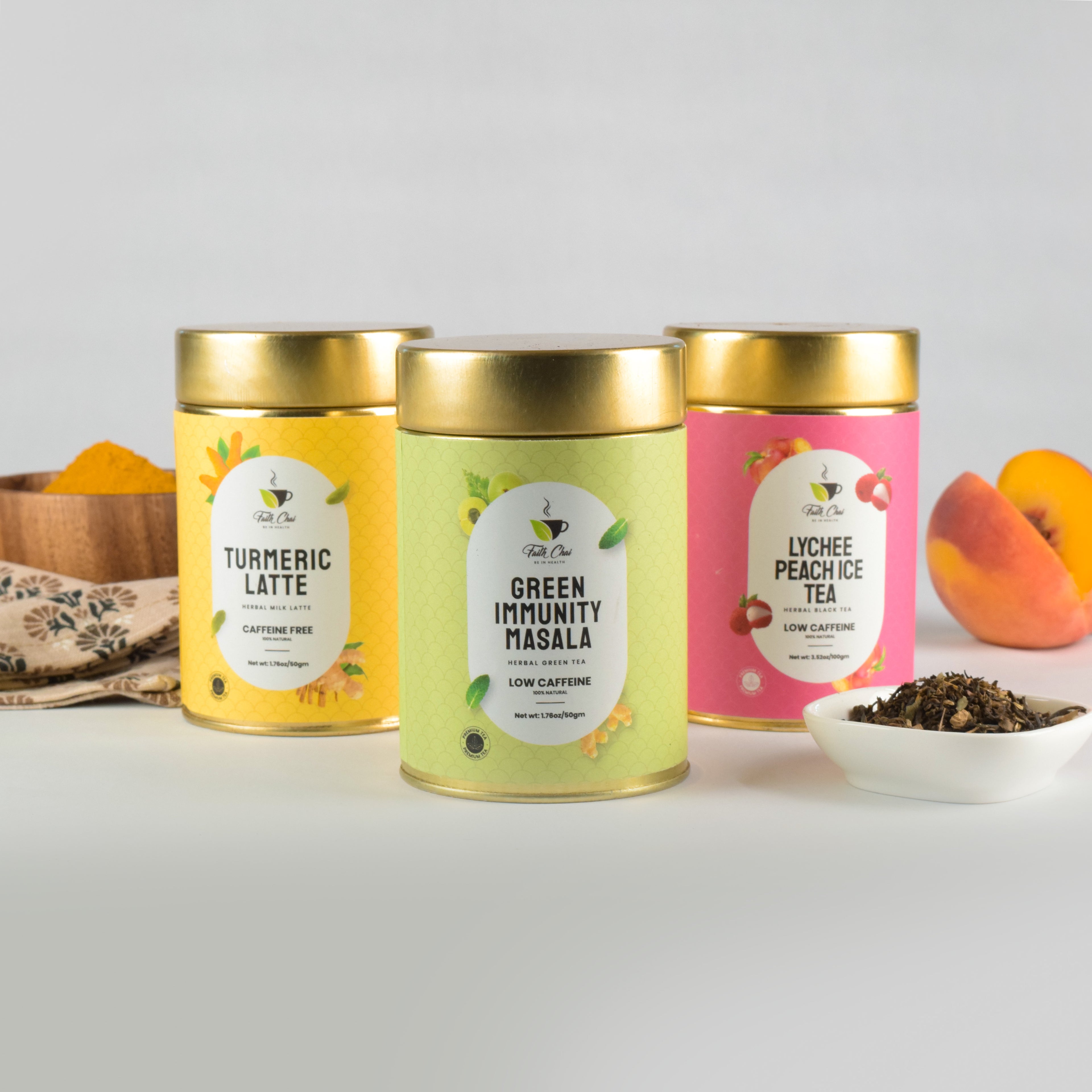 Turmeric Latte + Lychee Peach Ice Tea + Green Immunity